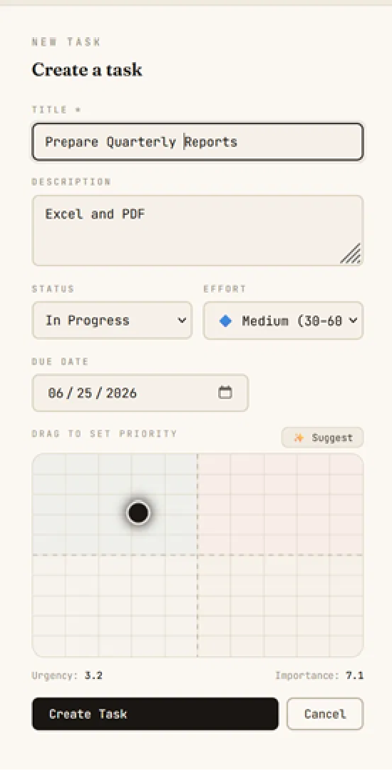 Creating a task in Avklare with the mini priority matrix