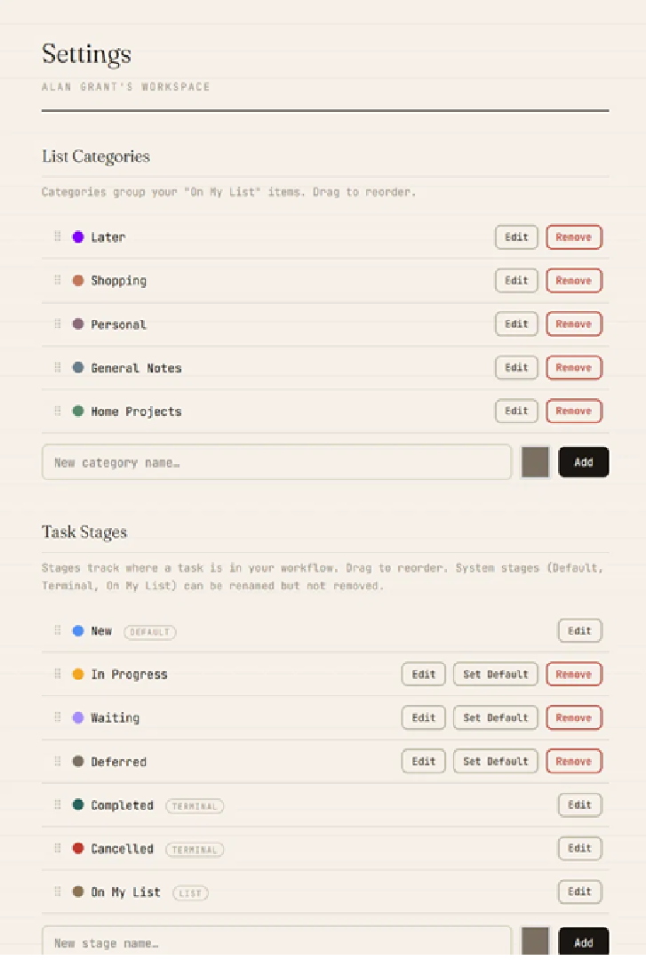 Custom categories and task stages with color coding